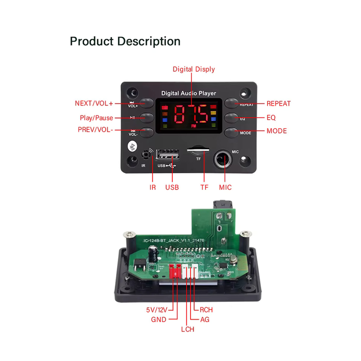 kebidumei Bluetooth 5.0 MP3 Decoder Board mit USB, TF, FM Radio und Freisprecheinrichtung in Schwarz - Bild 5