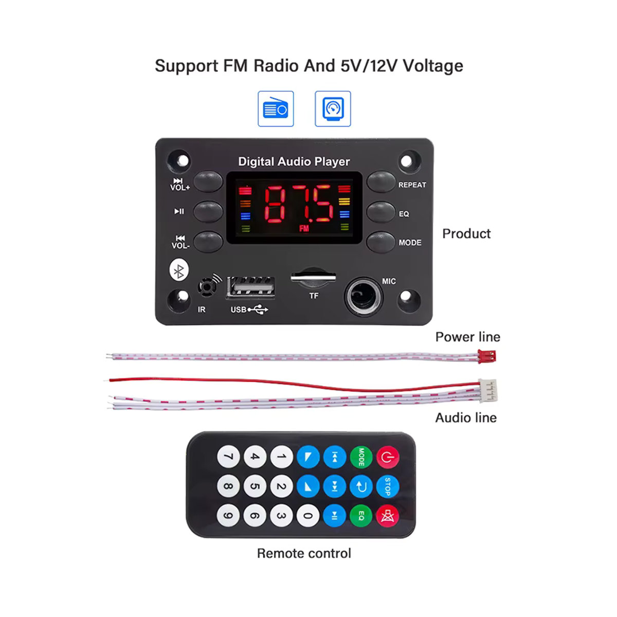 kebidumei Bluetooth 5.0 MP3 Decoder Board mit USB, TF, FM Radio und Freisprecheinrichtung in Schwarz - Bild 6