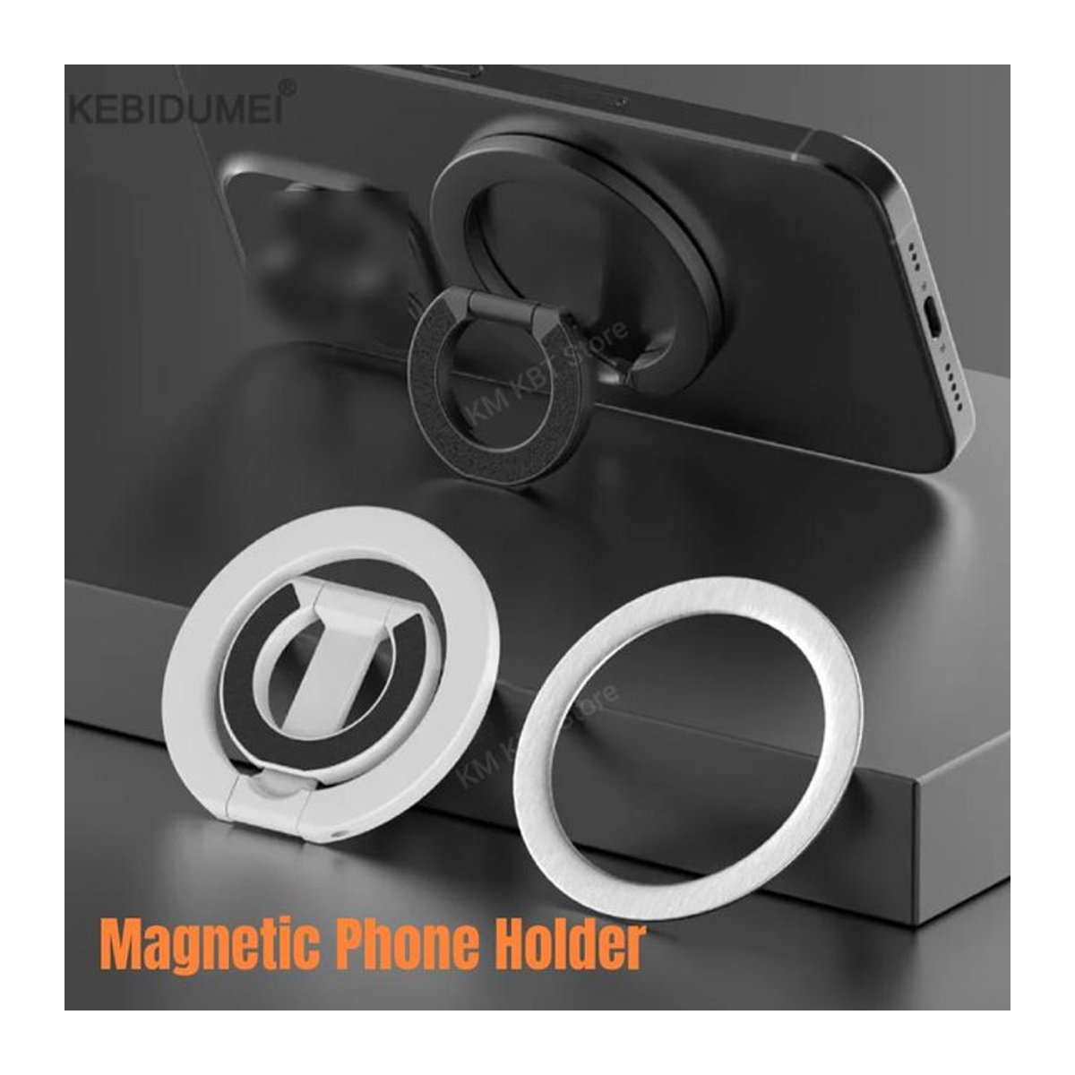 Kebidumei Magnetischer Fingerringhalter für Mobiltelefone, faltbar und doppelseitig, universeller Handyhalter und Autoständer in Schwarz oder Schwarz/Weiß - Bild 1