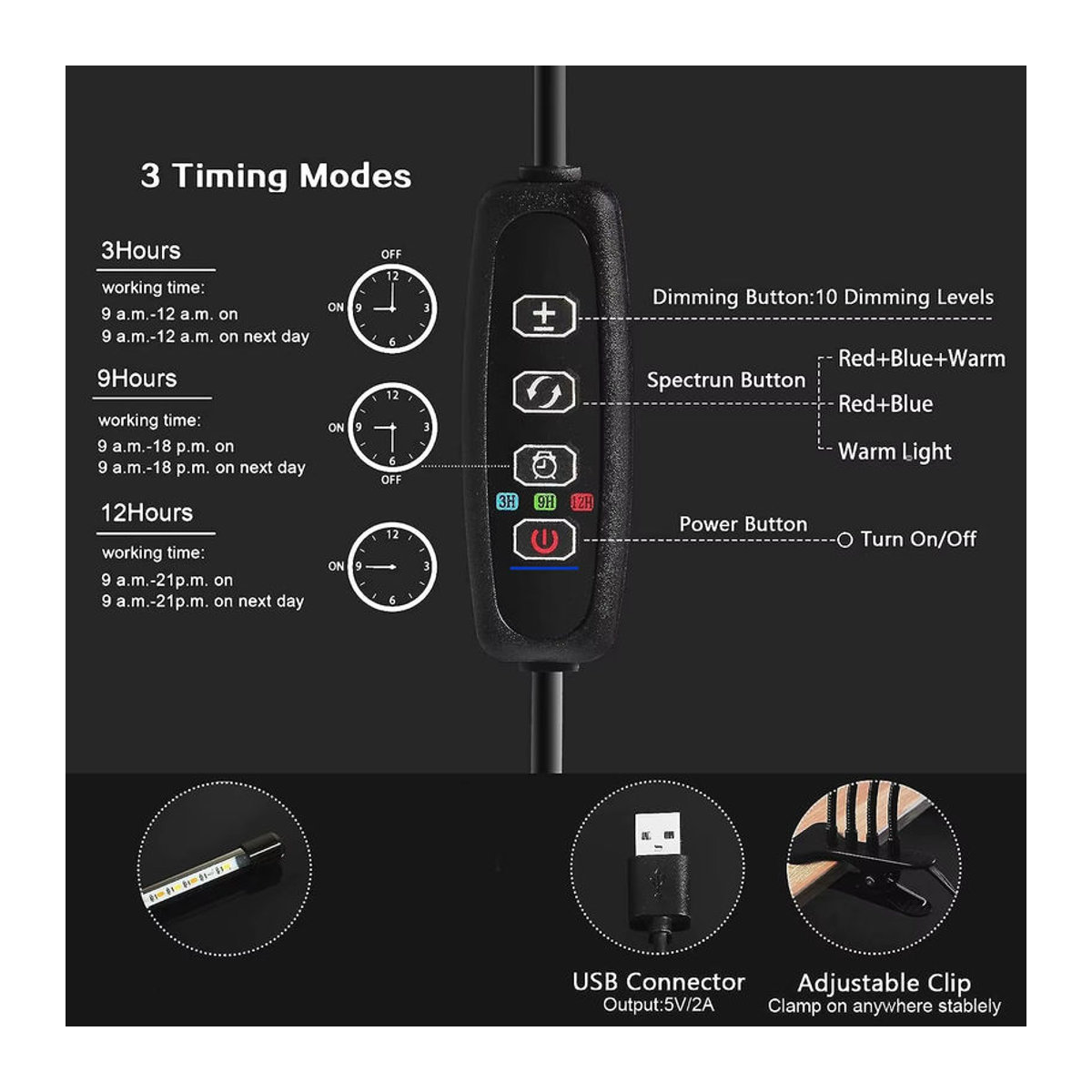 KEBINCPLED 3-Farben-LED-USB-Wachstumslicht mit Vollspektrum und Steuerung für Pflanzen und Blumensämlinge im minimalistischen Design - Bild 3