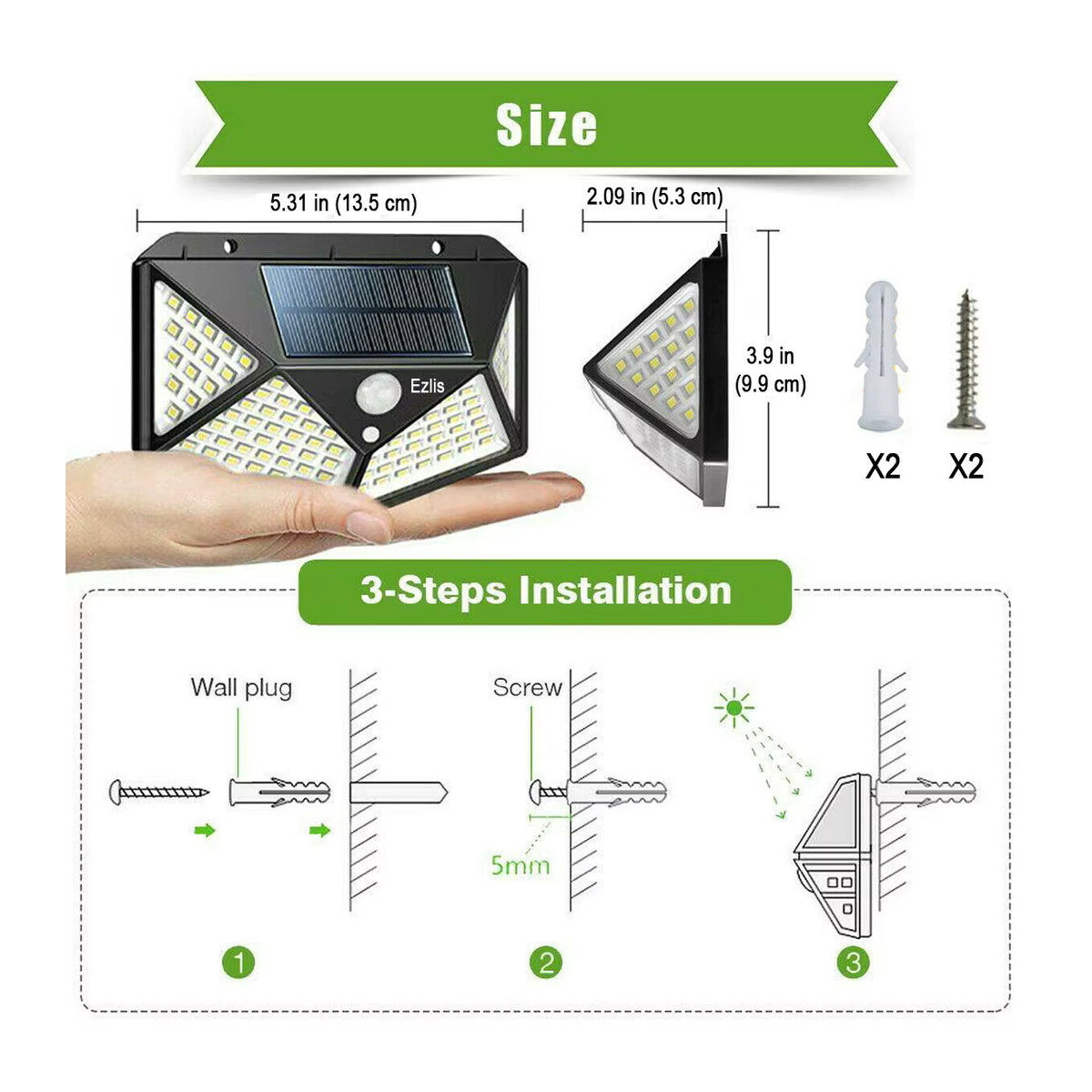 KEBINCPLED Solar Wandleuchte mit 100 LED und PIR Bewegungsmelder, IP65 wasserdicht, Schwarz, Modernes Design für Outdoor, Garten und Veranda - Bild 3