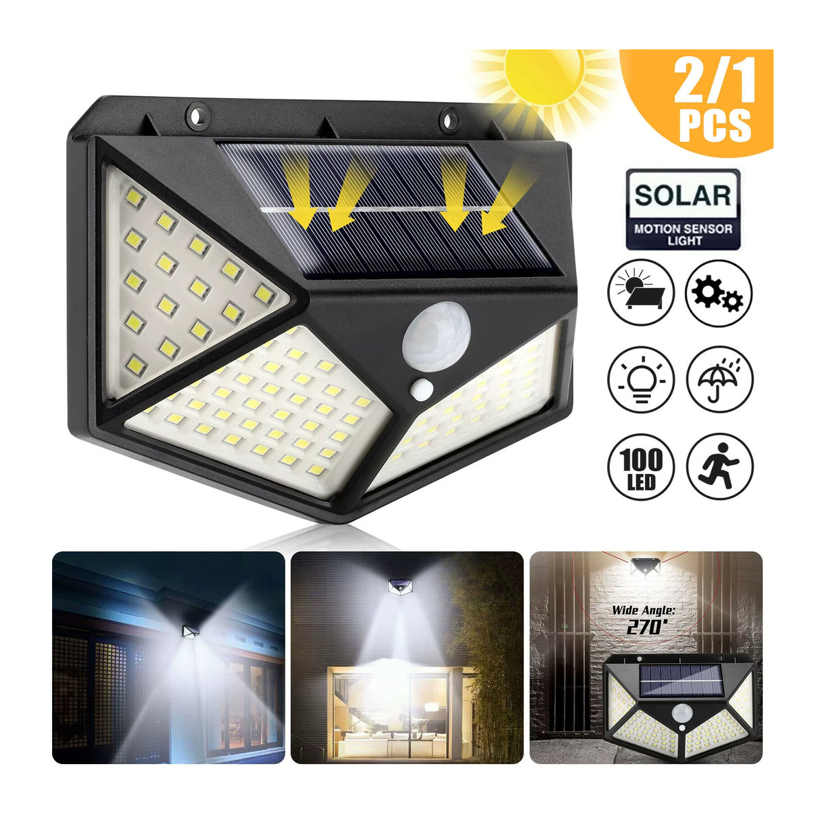 KEBINCPLED Solar Wandleuchte mit 100 LED und PIR Bewegungsmelder, IP65 wasserdicht, Schwarz, Modernes Design für Outdoor, Garten und Veranda - Bild 5
