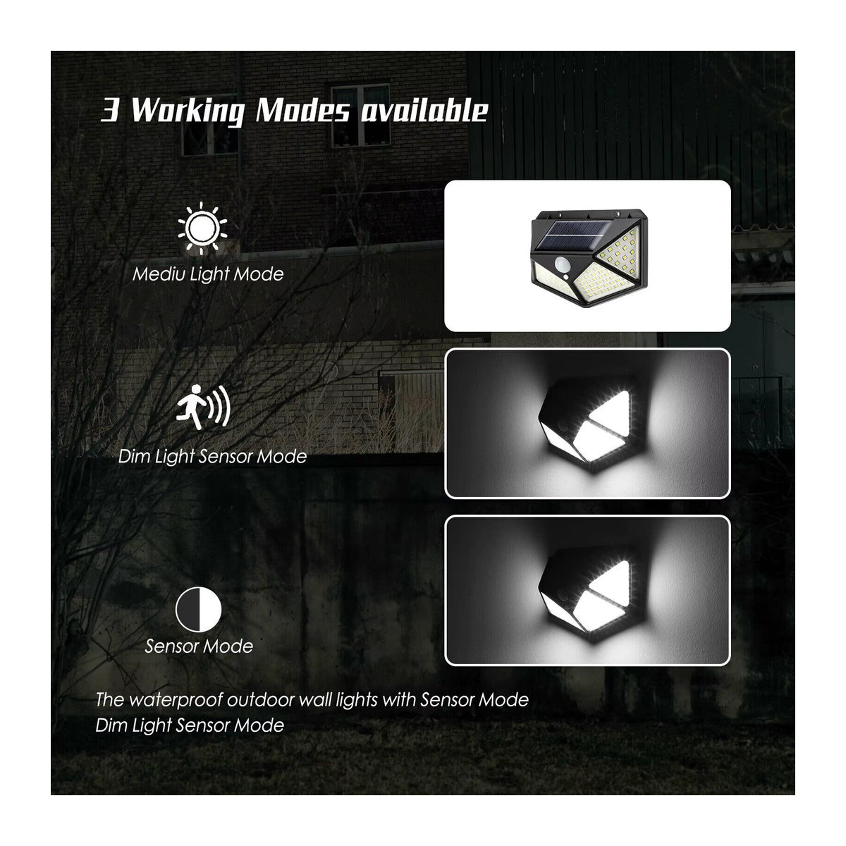 KEBINCPLED Solar Wandleuchte mit 100 LED und PIR Bewegungsmelder, IP65 wasserdicht, Schwarz, Modernes Design für Outdoor, Garten und Veranda - Bild 6