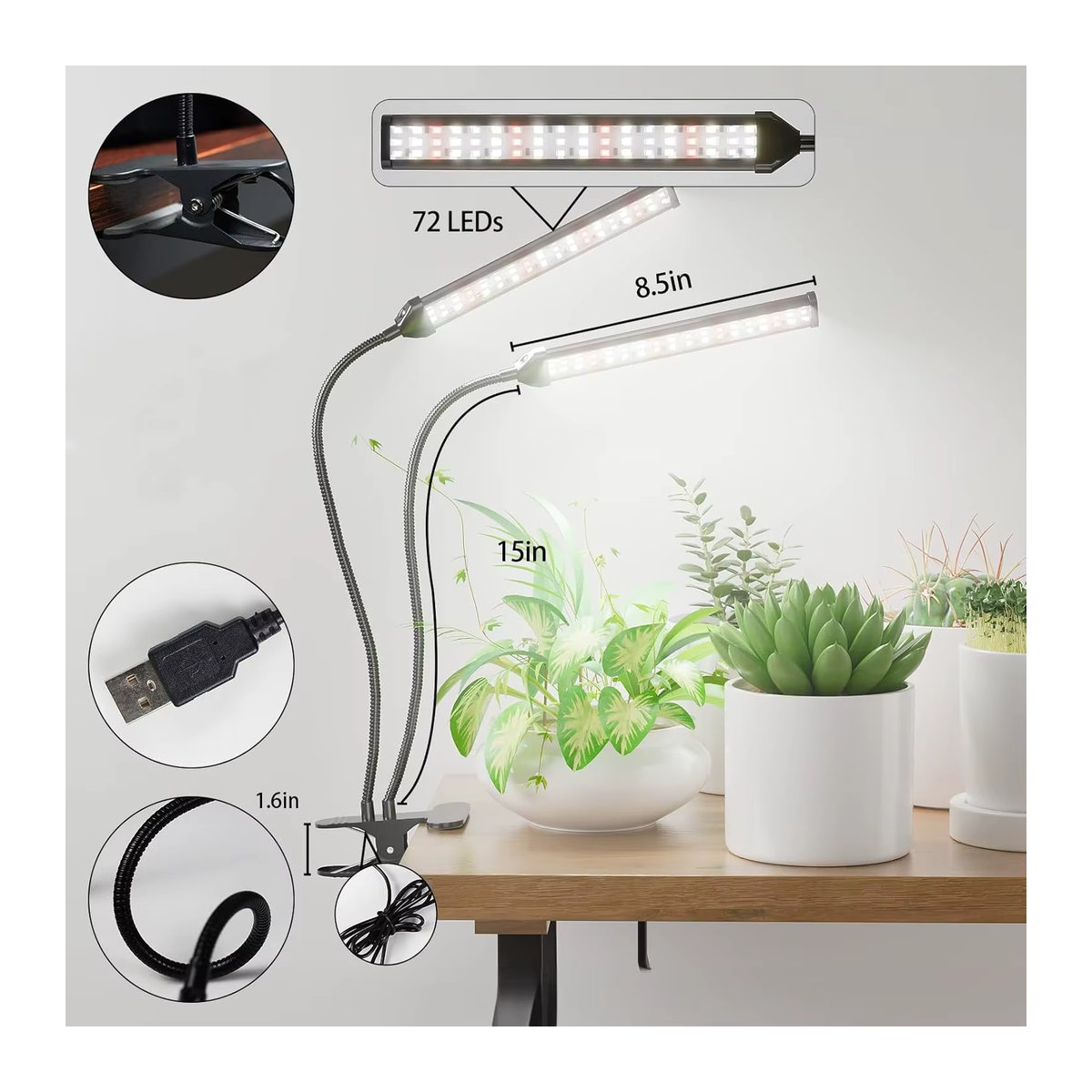 KEBINCPLED USB-Clip-Flachrohr-LED-Wachstumslicht mit Vollspektrum und 6000 K für Pflanzen und Sukkulenten - Bild 2
