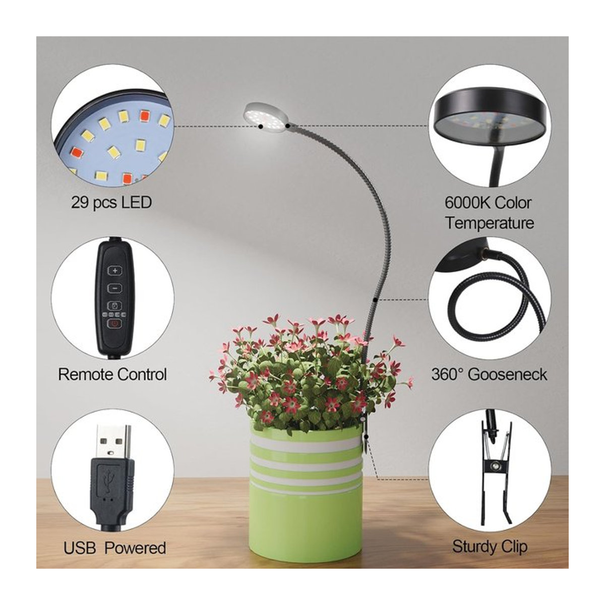 KEBINCPLED USB LED Pflanzenlampe mit Vollspektrum 6000K, dimmbarer Schwanenhals-Clip mit Auto-Ein/Aus-Funktion für Topfpflanzen - Bild 1