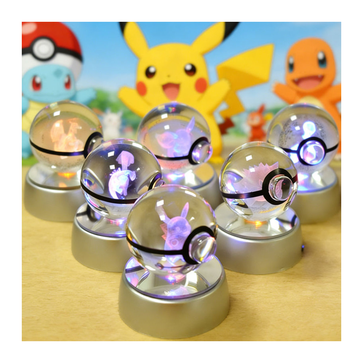 Keeppley 3D Pokemon Kristallglas-Nachtlicht mit LED-Basis, Bunte Kugelleuchte mit Mewtwo, Pikachu oder Gengar, Durchmesser: 5 cm - Bild 1