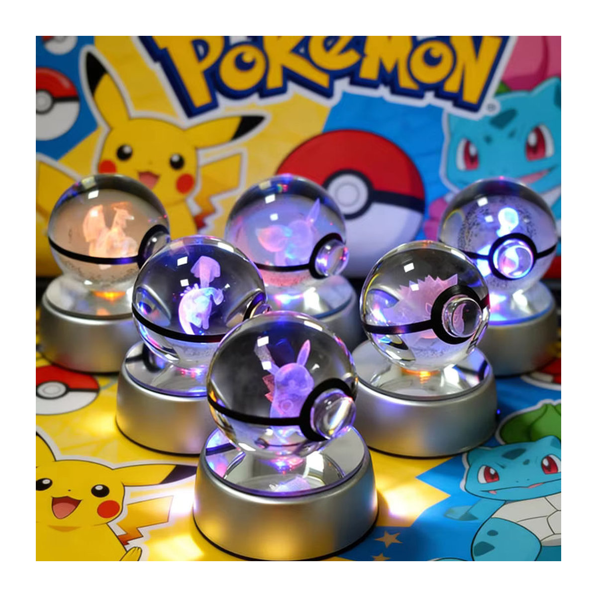 Keeppley 3D Pokemon Kristallglas-Nachtlicht mit LED-Basis, Bunte Kugelleuchte mit Mewtwo, Pikachu oder Gengar, Durchmesser: 5 cm - Bild 2