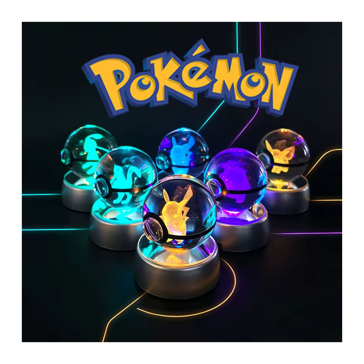 Keeppley 3D Pokemon Kristallglas-Nachtlicht mit LED-Basis, Bunte Kugelleuchte mit Mewtwo, Pikachu oder Gengar, Durchmesser: 5 cm - Bild 4