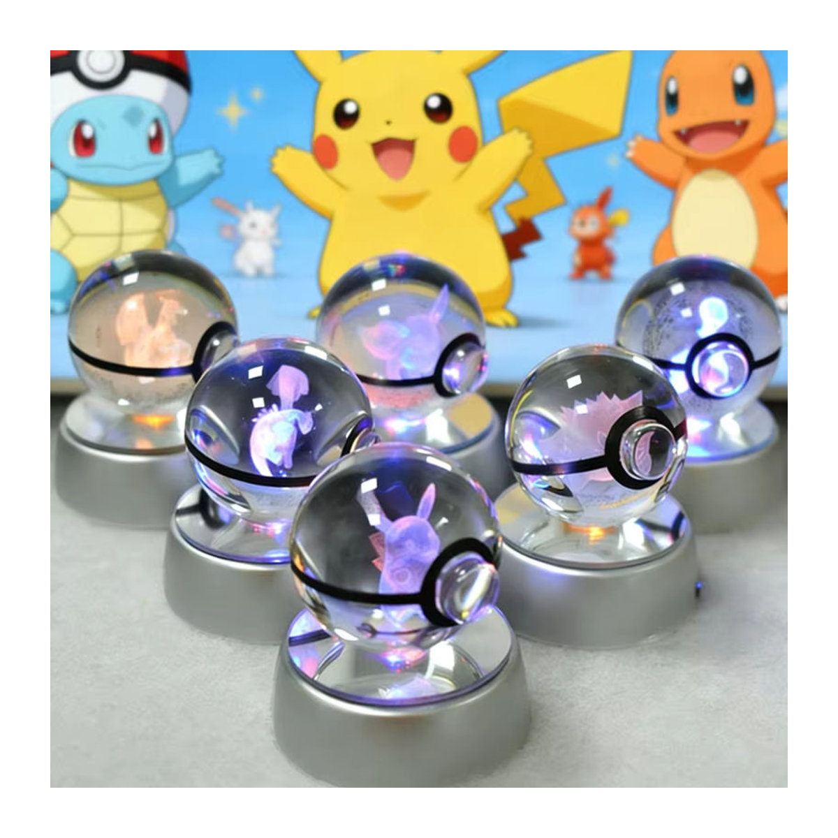 Keeppley 3D Pokemon Kristallglas-Nachtlicht mit LED-Basis, Bunte Kugelleuchte mit Mewtwo, Pikachu oder Gengar, Durchmesser: 5 cm - Bild 5