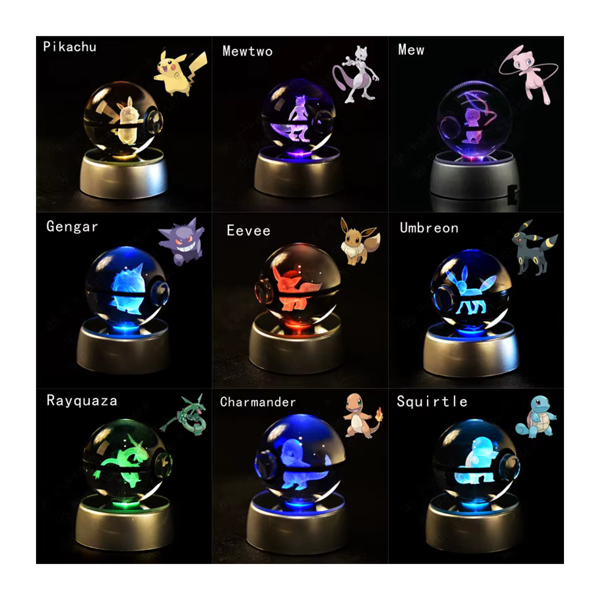 Keeppley Pokemon 3D Kristallkugel Nachtlicht mit Pikachu Mewtwo Mew und Gengar in Bunt - Bild 2