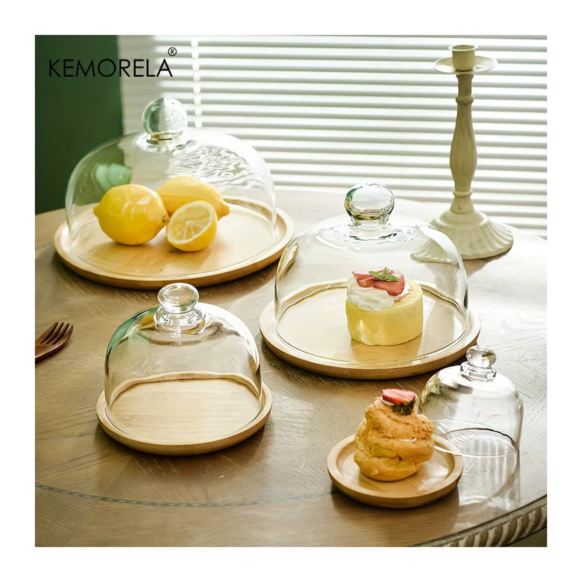 KEMORELA Bambus-Kuchenständer mit transparentem Glasdeckel, rundes Serviertablett aus Bambus und Glas in Braun für Desserts und Snacks - Bild 2
