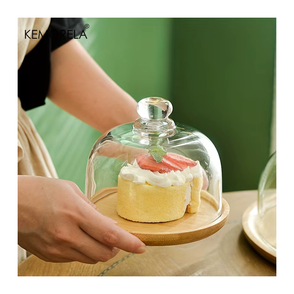 KEMORELA Bambus-Kuchenständer mit transparentem Glasdeckel, rundes Serviertablett aus Bambus und Glas in Braun für Desserts und Snacks - Bild 4