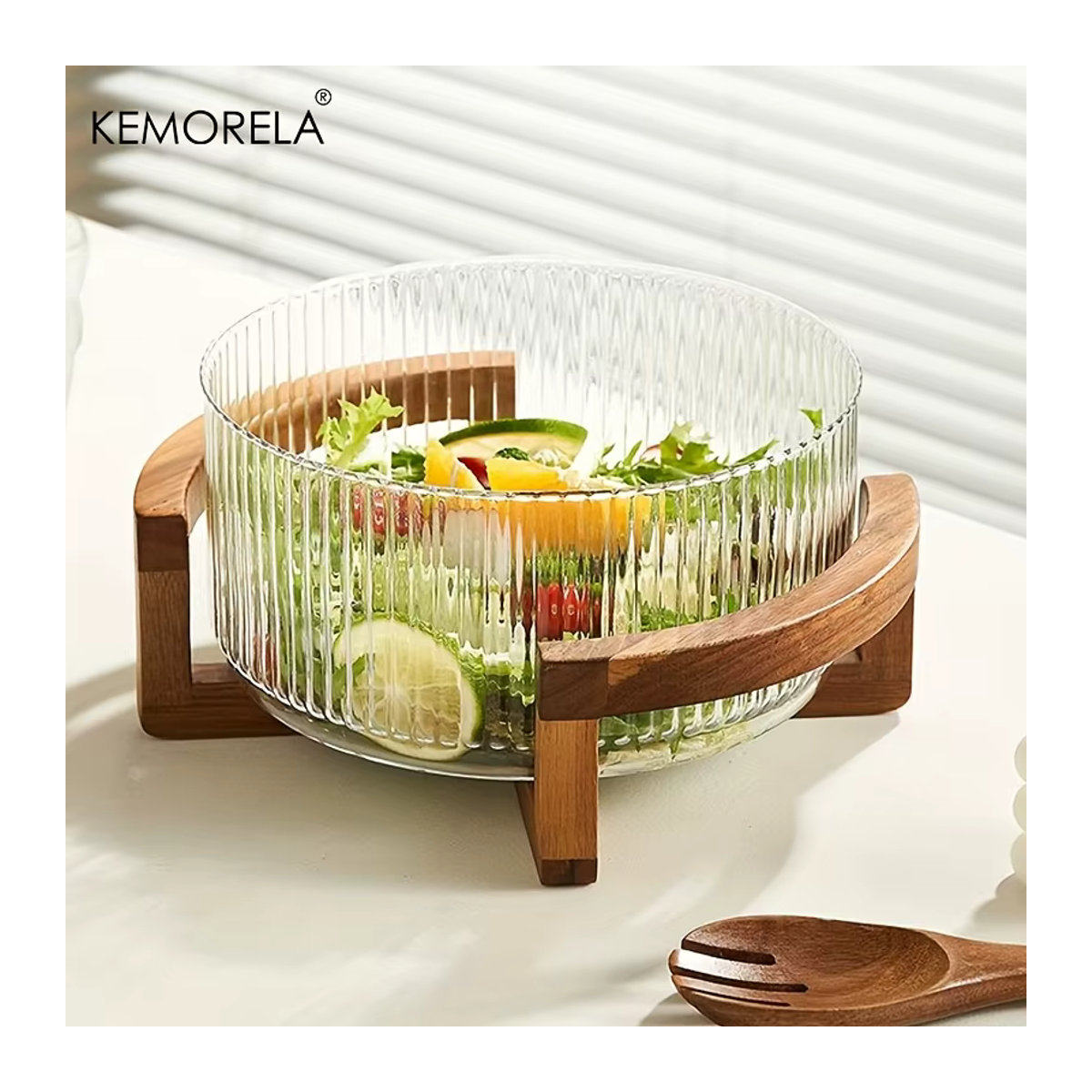 KEMORELA Gestreifte Glasschüssel mit Holzständer, runde transparente Obstschale und Salatschüssel im skandinavischen Design - Bild 2