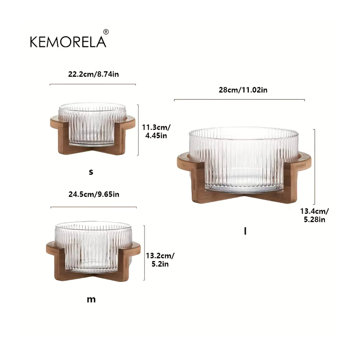 KEMORELA Gestreifte Glasschüssel mit Holzständer, runde transparente Obstschale und Salatschüssel im skandinavischen Design - Bild 6