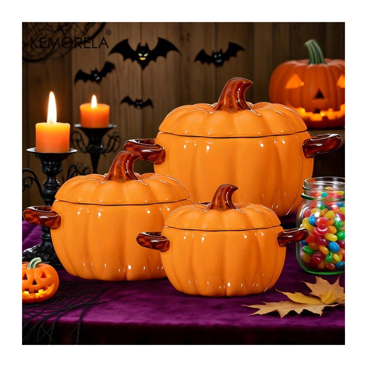 KEMORELA Halloween-Kürbisschüssel aus Keramik in Orange mit Deckel und Griffen - Bild 1