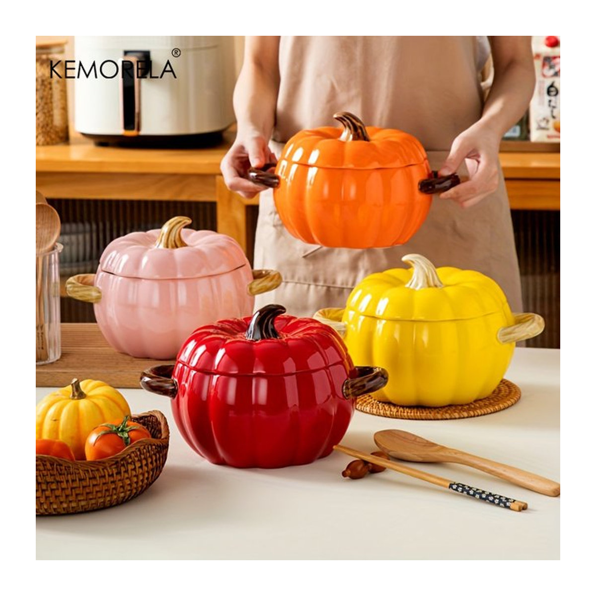 KEMORELA Keramik-Ofentopf in Kürbisform mit Deckel, Halloween Dessert-Schale, Gelb/Mehrfarbig, 50OZ - Bild 1