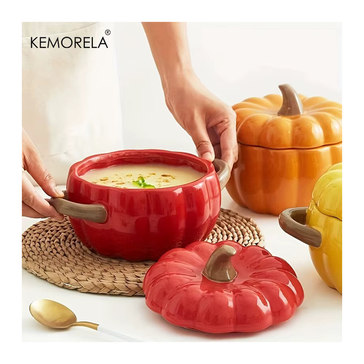 KEMORELA Keramik-Ofentopf in Kürbisform mit Deckel, Halloween Dessert-Schale, Gelb/Mehrfarbig, 50OZ - Bild 2