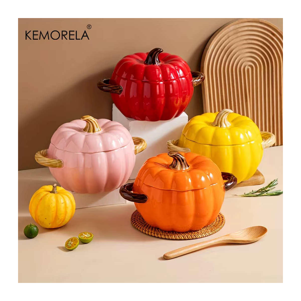 KEMORELA Keramik-Ofentopf in Kürbisform mit Deckel, Halloween Dessert-Schale, Gelb/Mehrfarbig, 50OZ - Bild 3