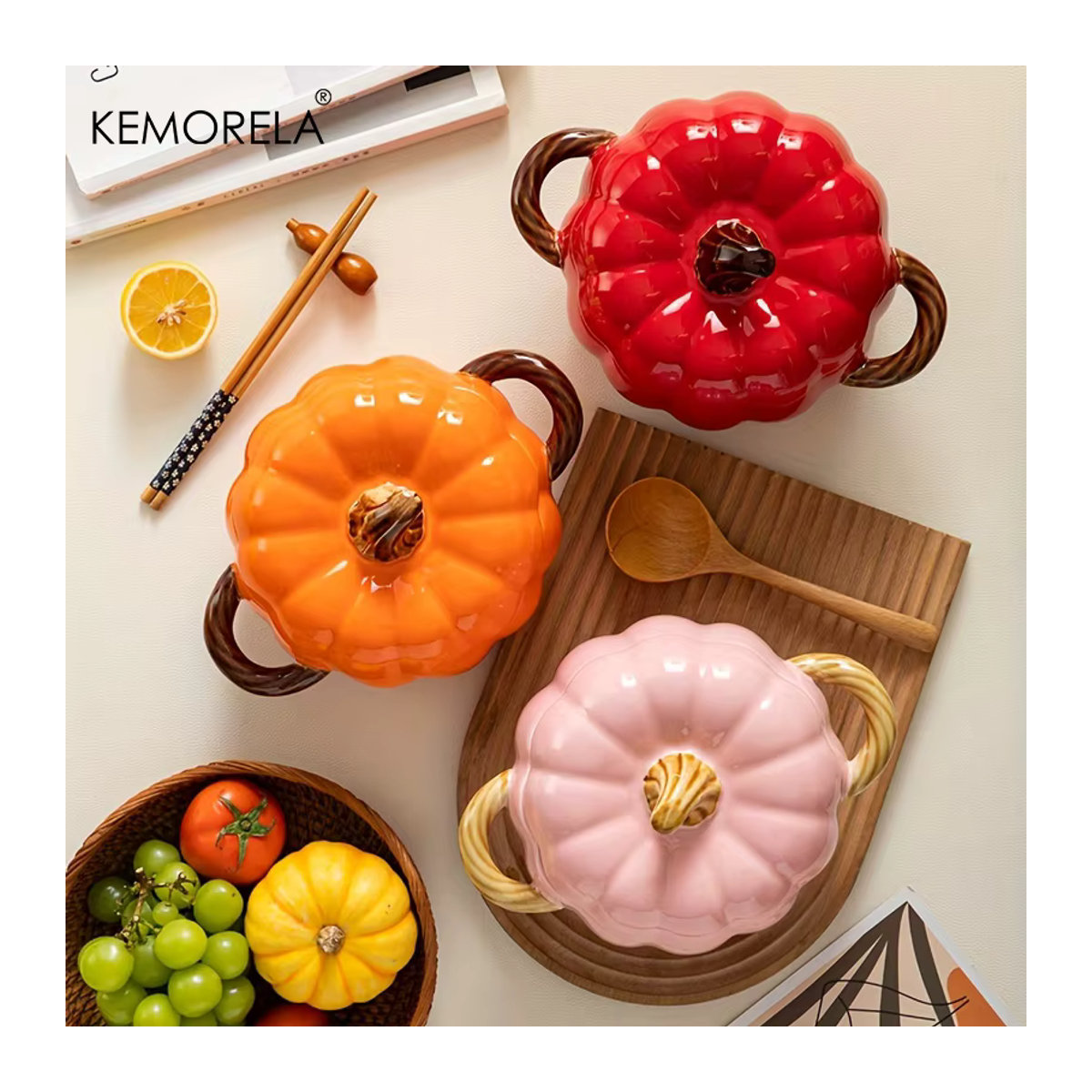KEMORELA Keramik-Ofentopf in Kürbisform mit Deckel, Halloween Dessert-Schale, Gelb/Mehrfarbig, 50OZ - Bild 4