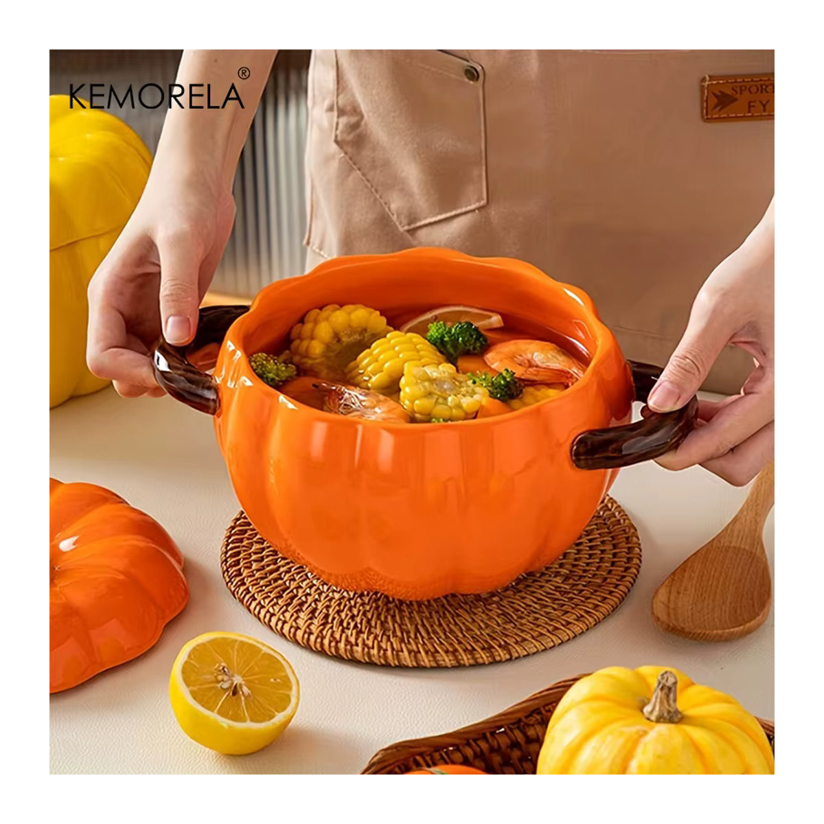 KEMORELA Keramik-Ofentopf in Kürbisform mit Deckel, Halloween Dessert-Schale, Gelb/Mehrfarbig, 50OZ - Bild 5
