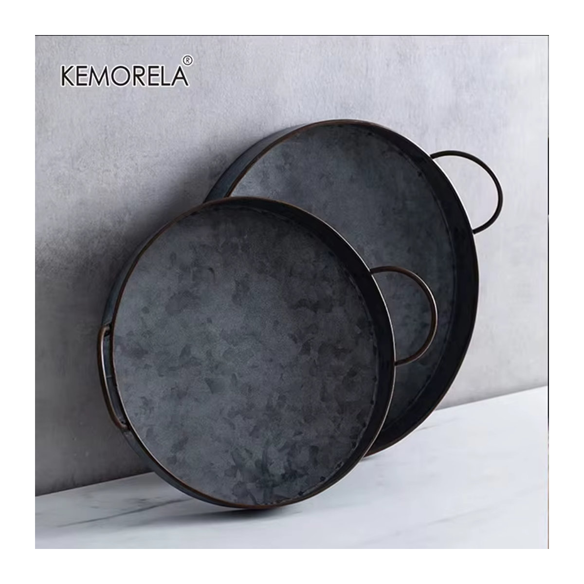 Kemorela Retro Metall-Serviertablett rund in Grau mit Griffen im Vintage-Design - Bild 5