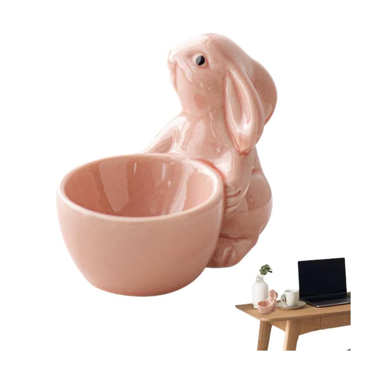Keramik-Eierbecher mit Hasenmotiv für Ostern in Pink und Weiß - Bild 2