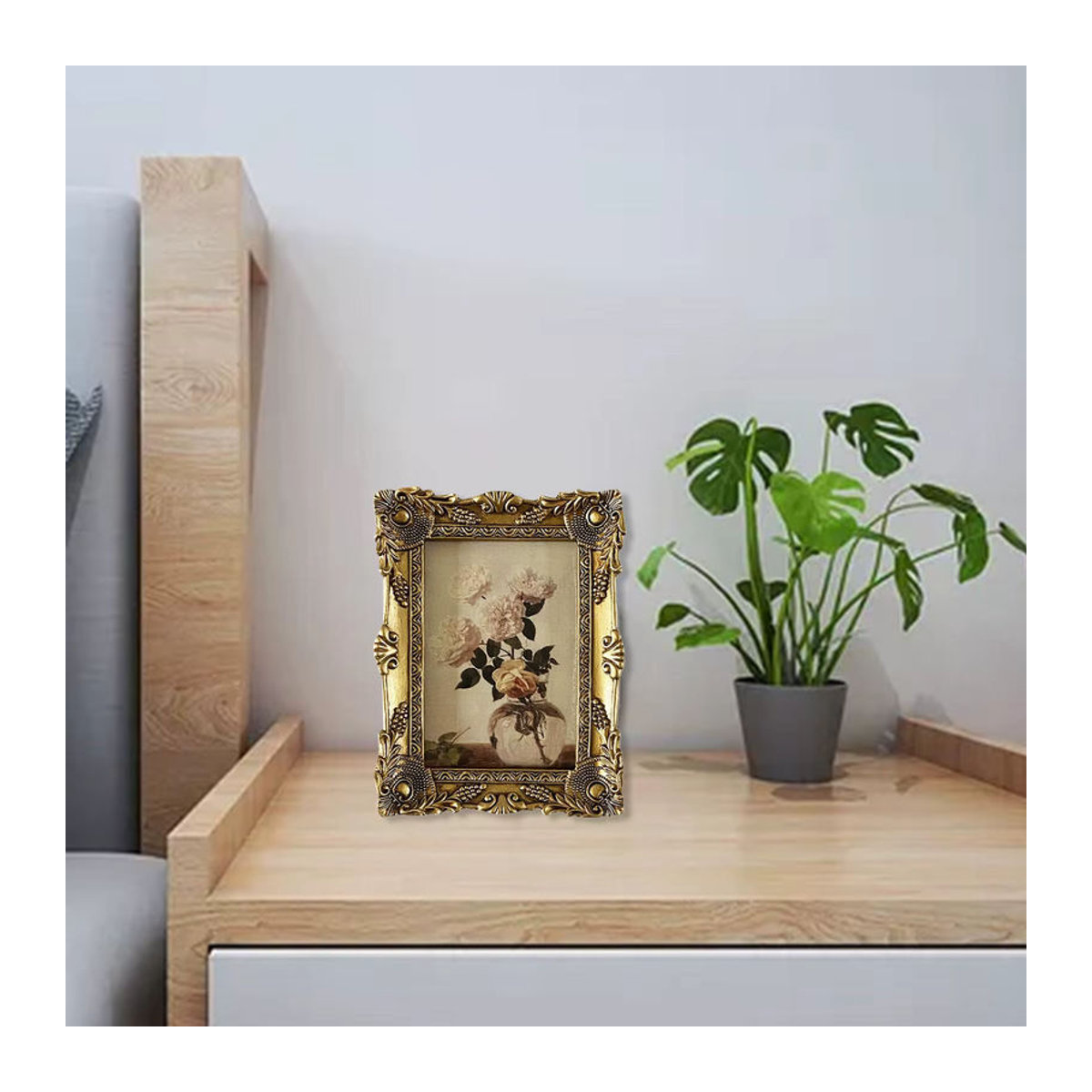 Kesoto Bilderrahmen im Retro-Stil mit floralem Blumenmuster in Gold aus Metall für Tischaufsteller und Wandmontage - Bild 3