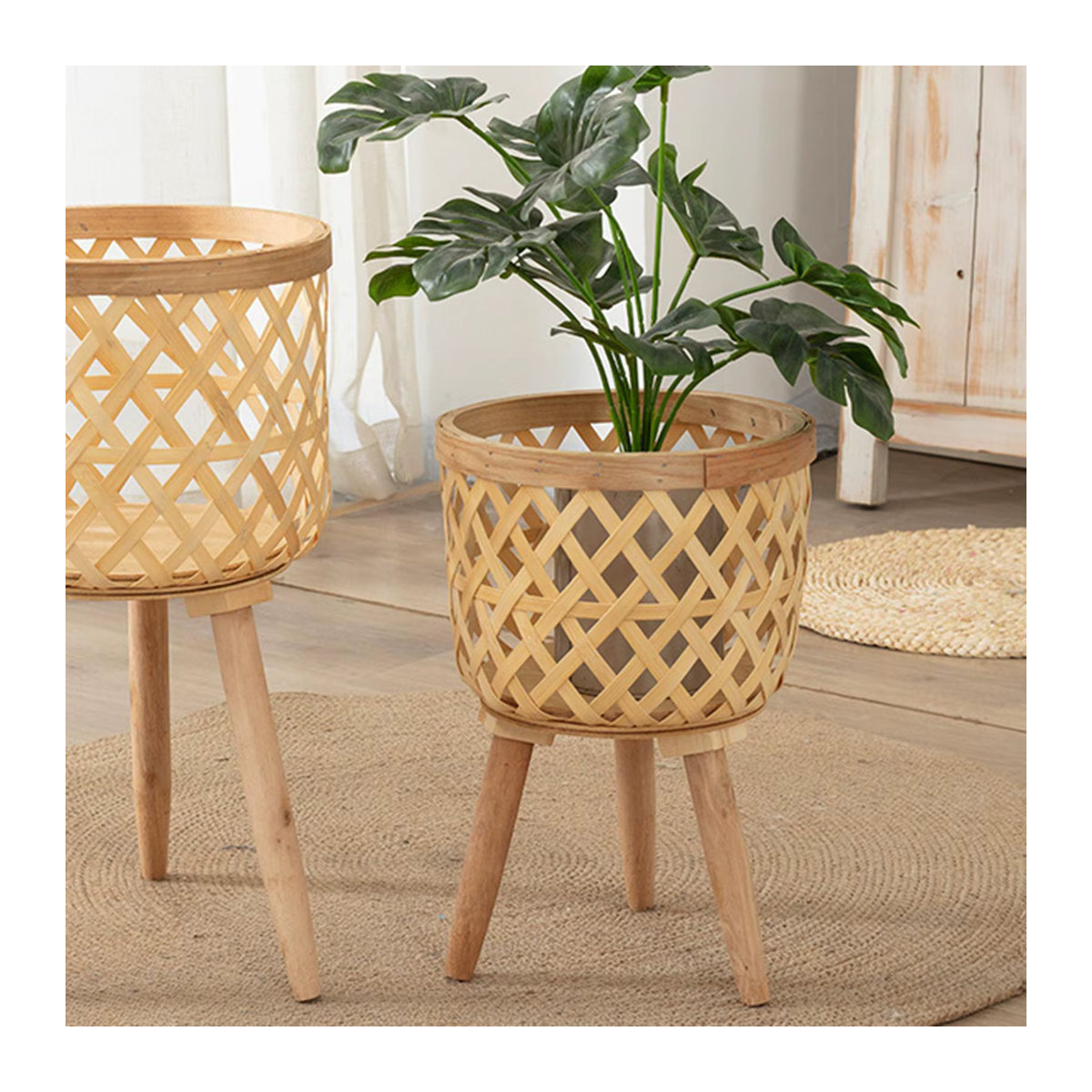 Kesoto Handgewebter Blumenkorb aus Bambus in Beige, Rund und Stehend im Skandinavischen Design - Bild 2