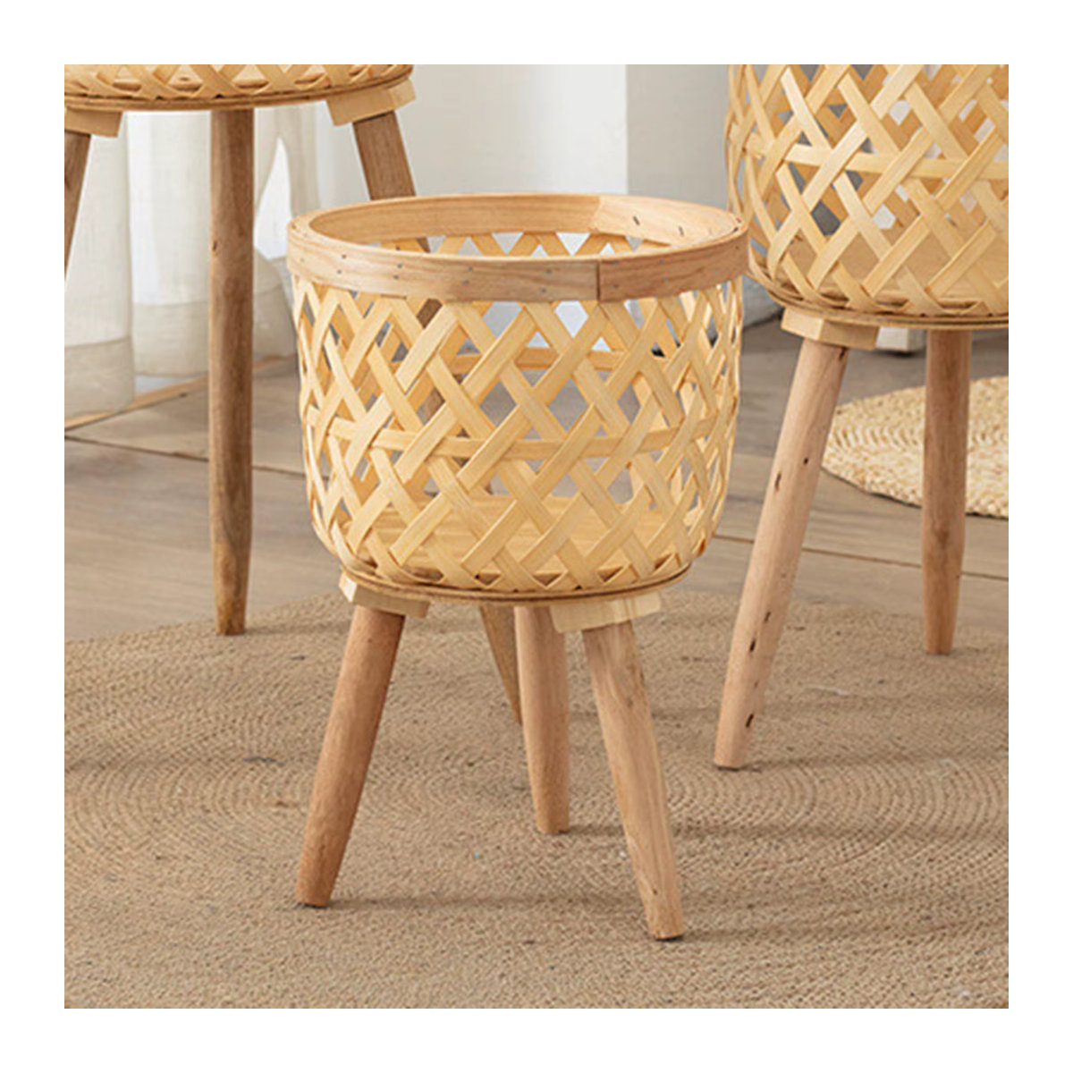 Kesoto Handgewebter Blumenkorb aus Bambus in Beige, Rund und Stehend im Skandinavischen Design - Bild 3
