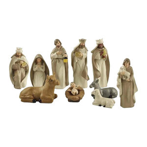 Kesoto Krippen Figurenset mit heiliger Familie aus Kunstharz, 10 Stück, beige, klassisch