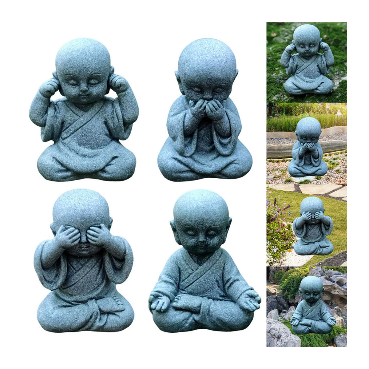 Kesoto Mini Buddha Statue aus Kunstharz in Grau als orientalische Mönch Figur für Desktop und Büro Dekor - Bild 3
