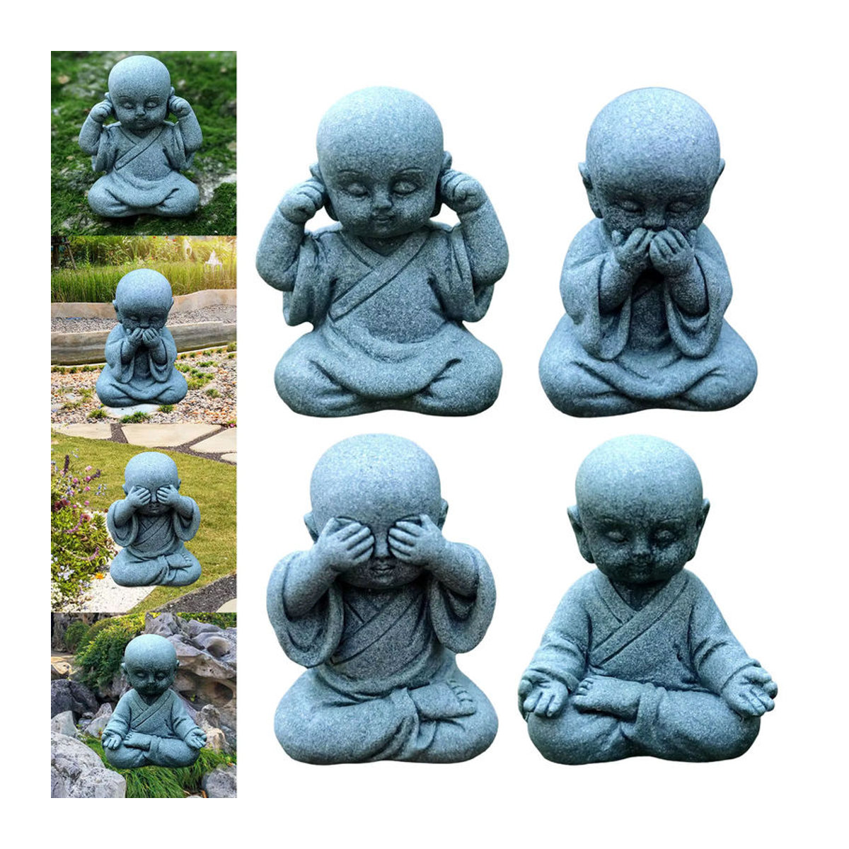 Kesoto Mini Buddha Statue aus Kunstharz in Grau als orientalische Mönch Figur für Desktop und Büro Dekor - Bild 4