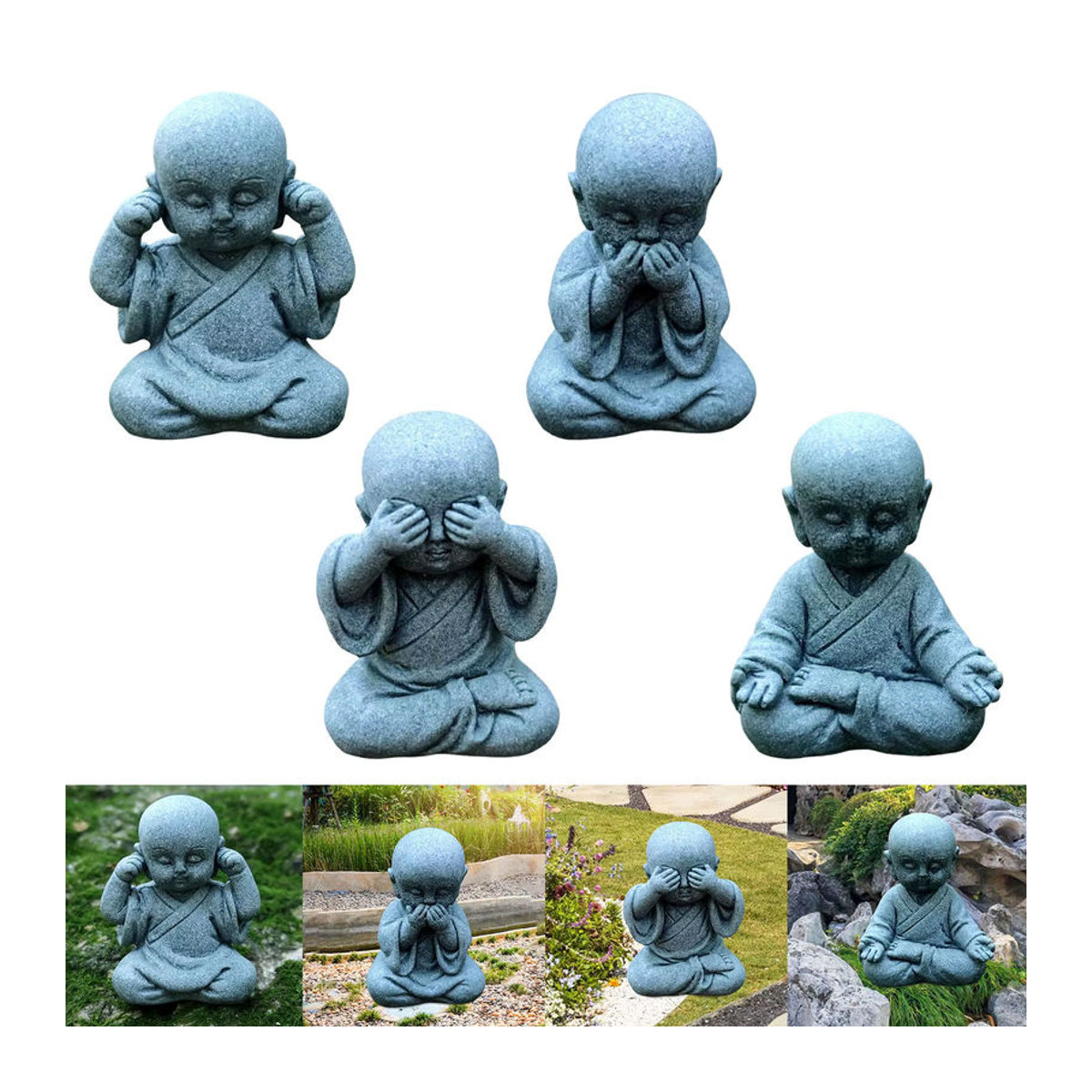 Kesoto Mini Buddha Statue aus Kunstharz in Grau als orientalische Mönch Figur für Desktop und Büro Dekor - Bild 5
