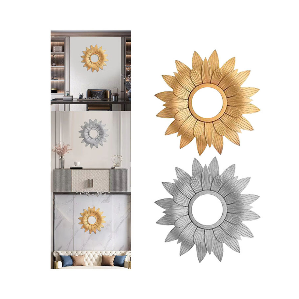 Kesoto Rund Wandbehang Spiegel in Gold mit floralem Design aus Metall für Wohnzimmer und Flur - Bild 1