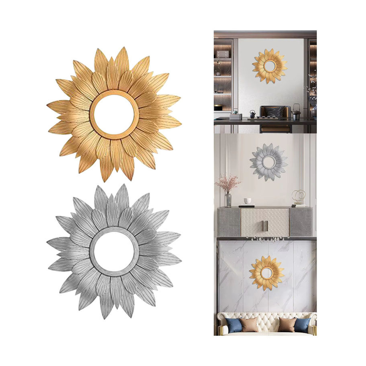 Kesoto Rund Wandbehang Spiegel in Gold mit floralem Design aus Metall für Wohnzimmer und Flur - Bild 2