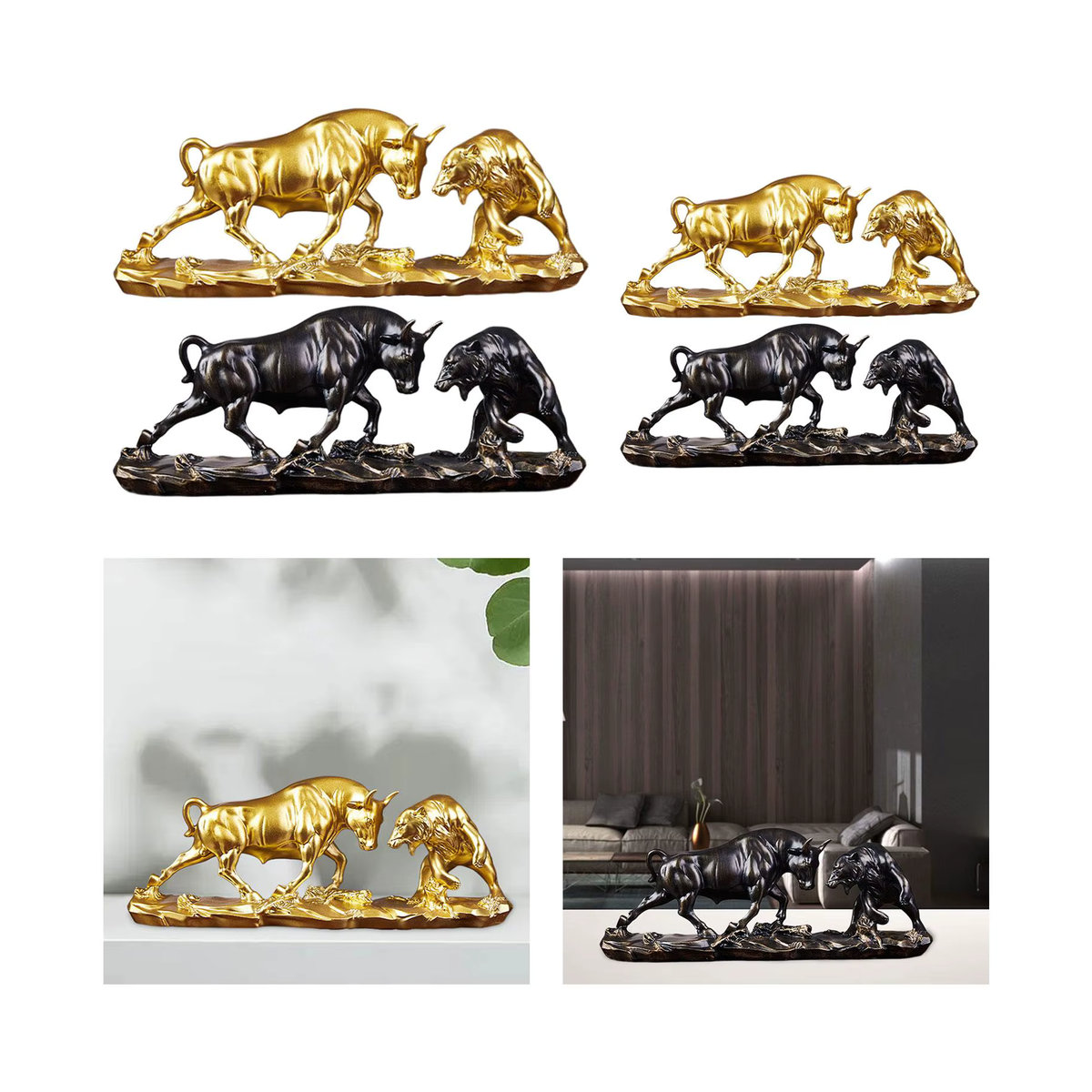 Kesoto Stier- und Bärkampffigur in Gold, dekorative Feng Shui Tierstatue aus Metall und Kunstharz für Schreibtisch und Regal - Bild 3