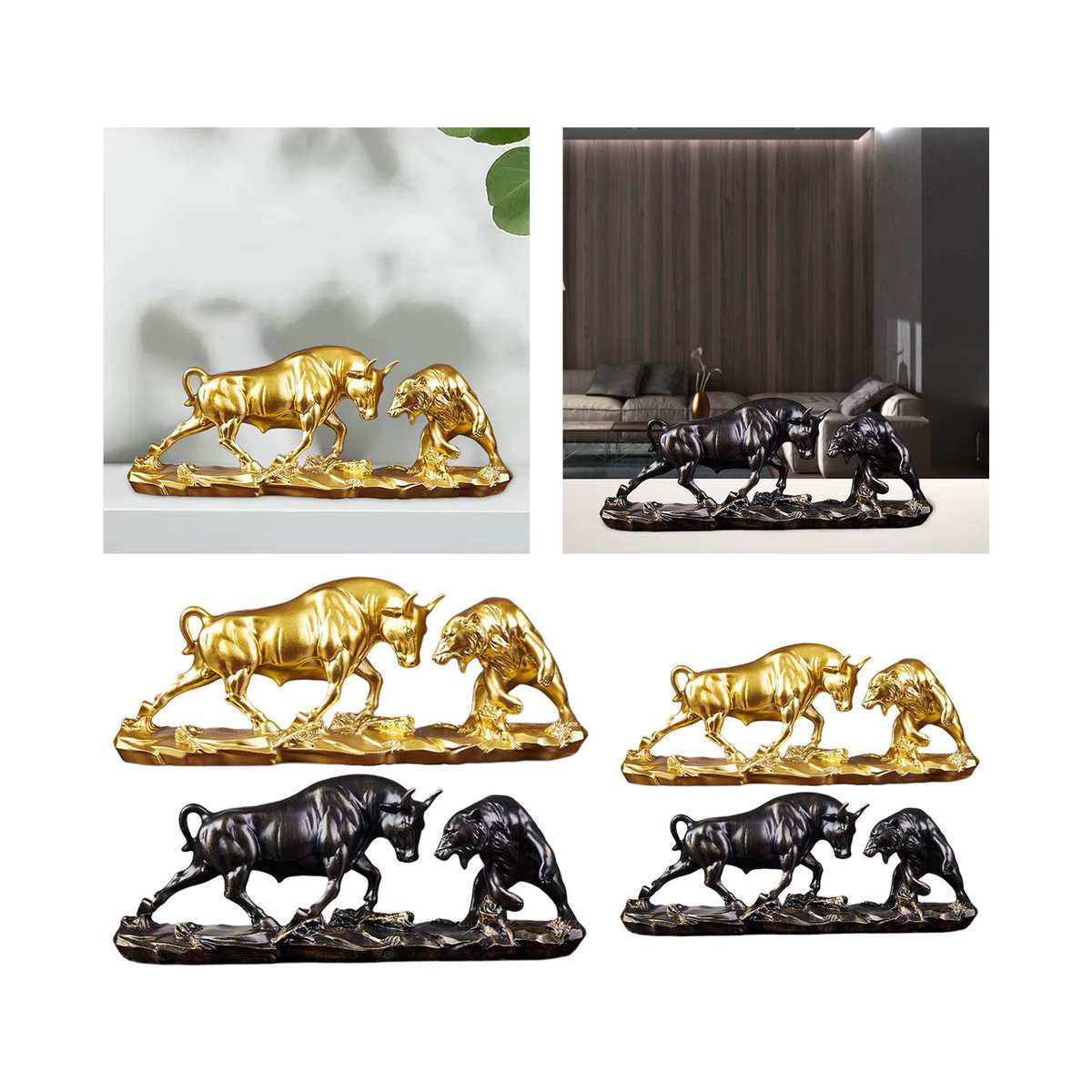 Kesoto Stier- und Bärkampffigur in Gold, dekorative Feng Shui Tierstatue aus Metall und Kunstharz für Schreibtisch und Regal - Bild 4
