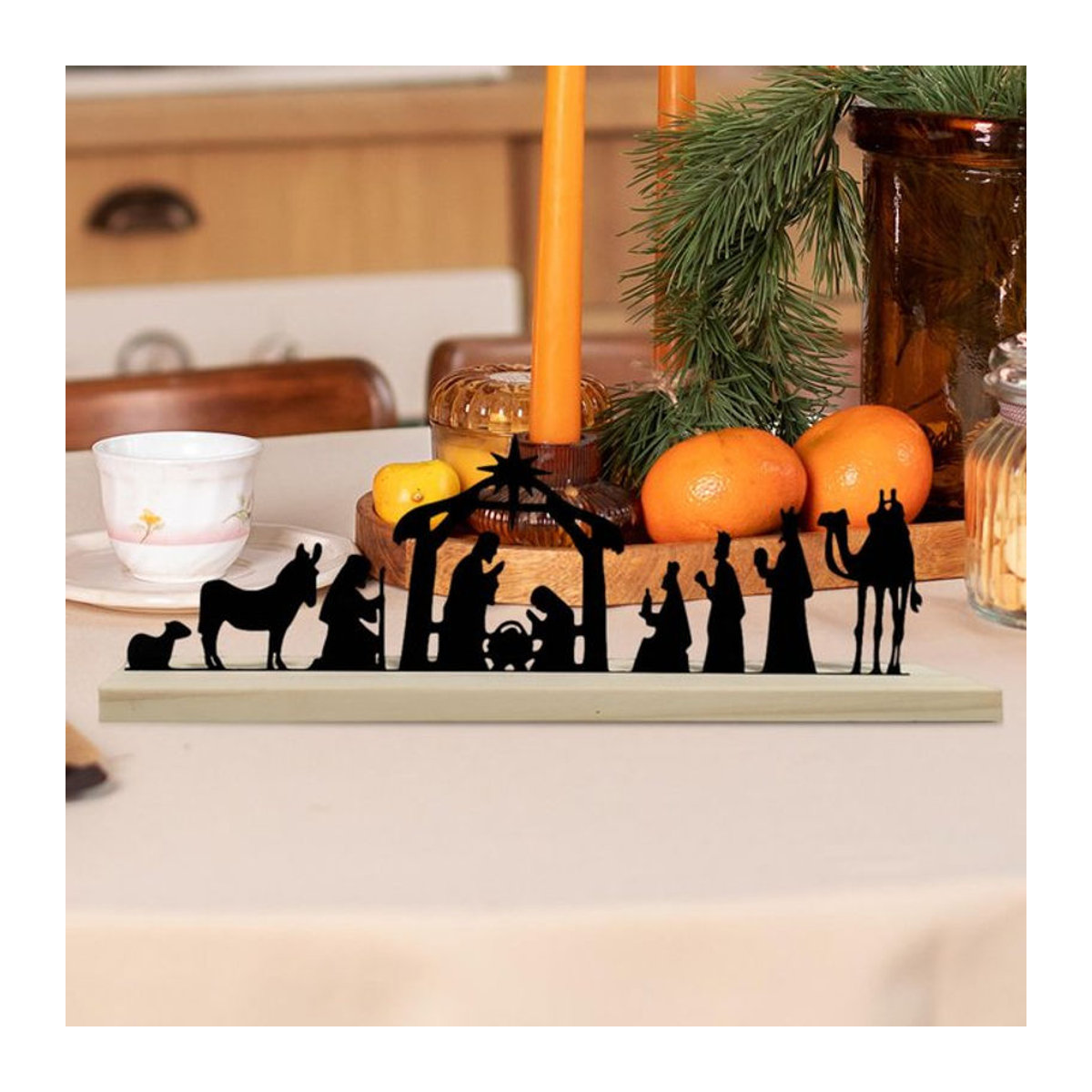 Kesoto Weihnachts-Krippen-Figurenset aus Metall in Schwarz mit Holzsockel, minimalistische Weihnachtsdekoration - Bild 1