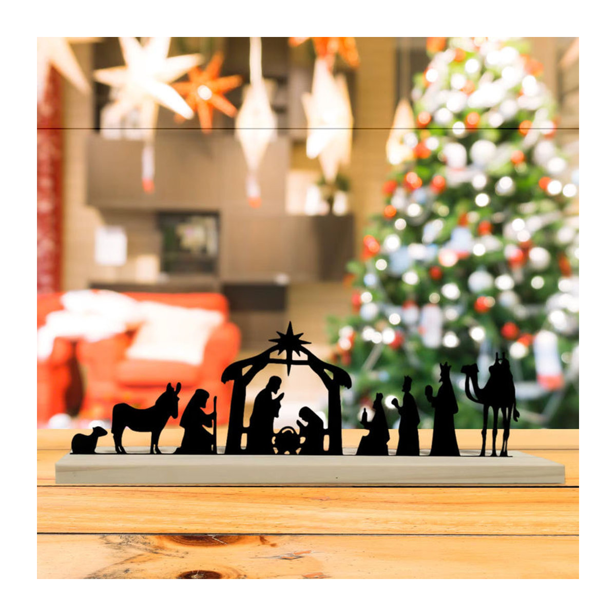 Kesoto Weihnachts-Krippen-Figurenset aus Metall in Schwarz mit Holzsockel, minimalistische Weihnachtsdekoration - Bild 2