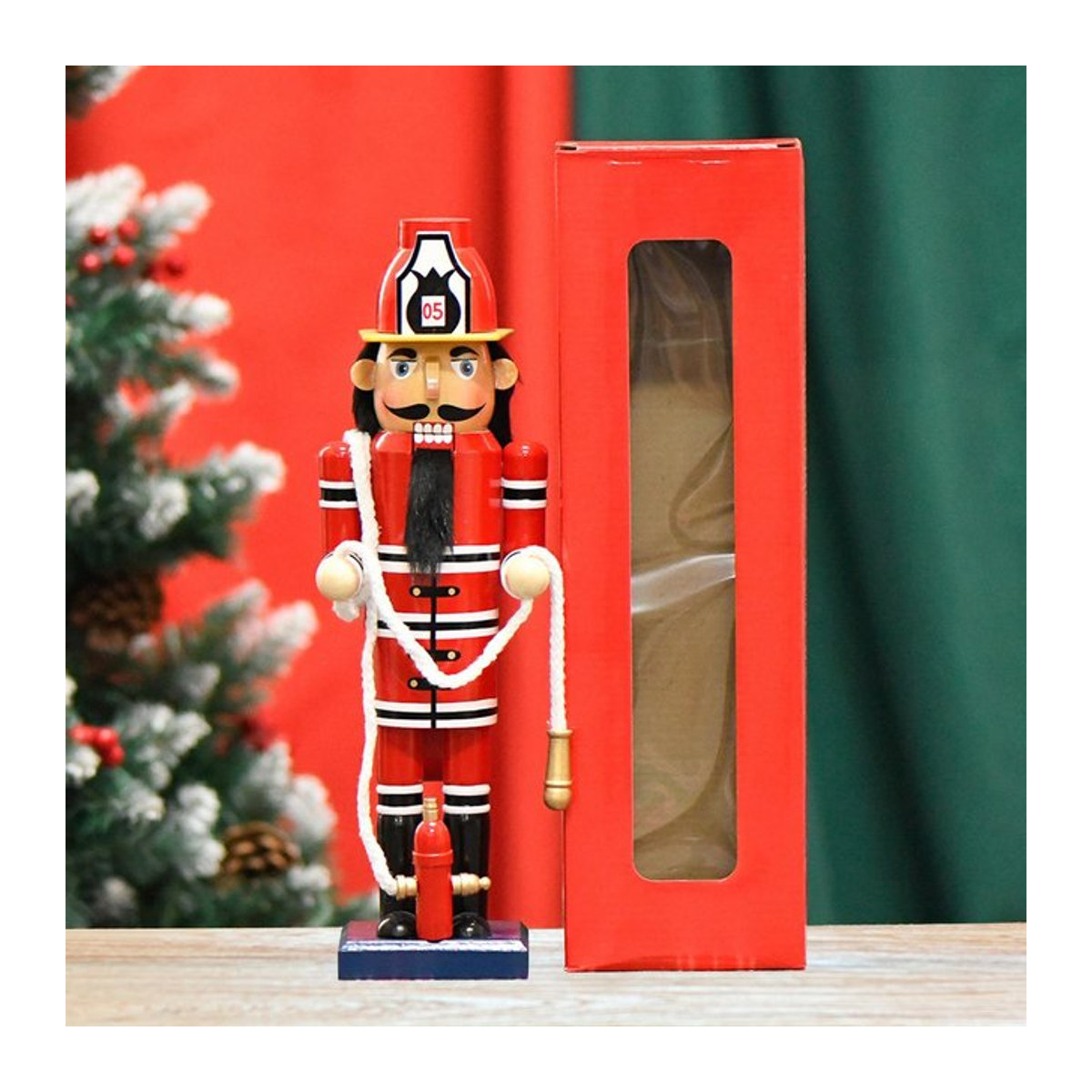 Kesoto Weihnachts Nussknacker Feuerwehr-Soldat aus Holz in Rot - Bild 1