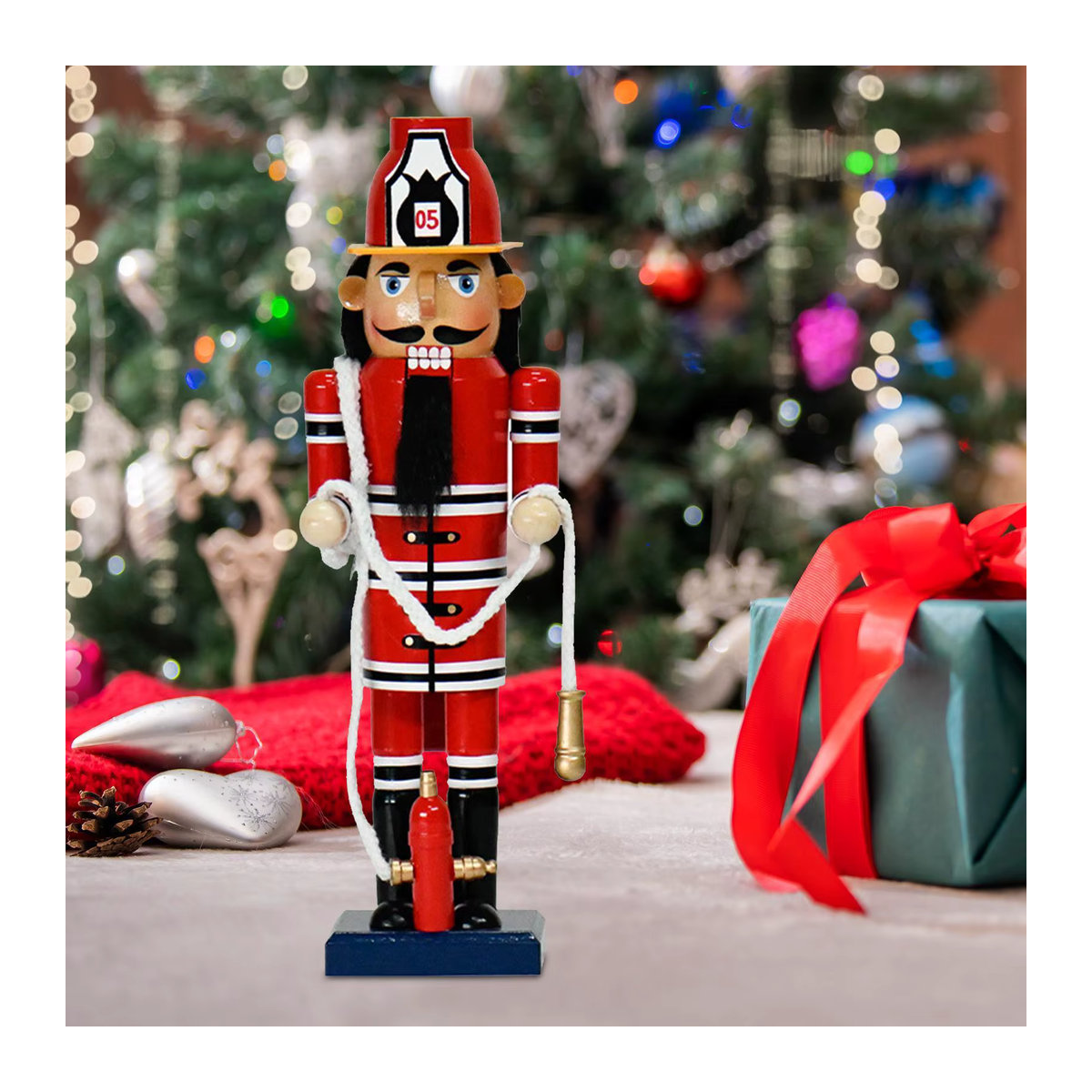 Kesoto Weihnachts Nussknacker Feuerwehr-Soldat aus Holz in Rot - Bild 3