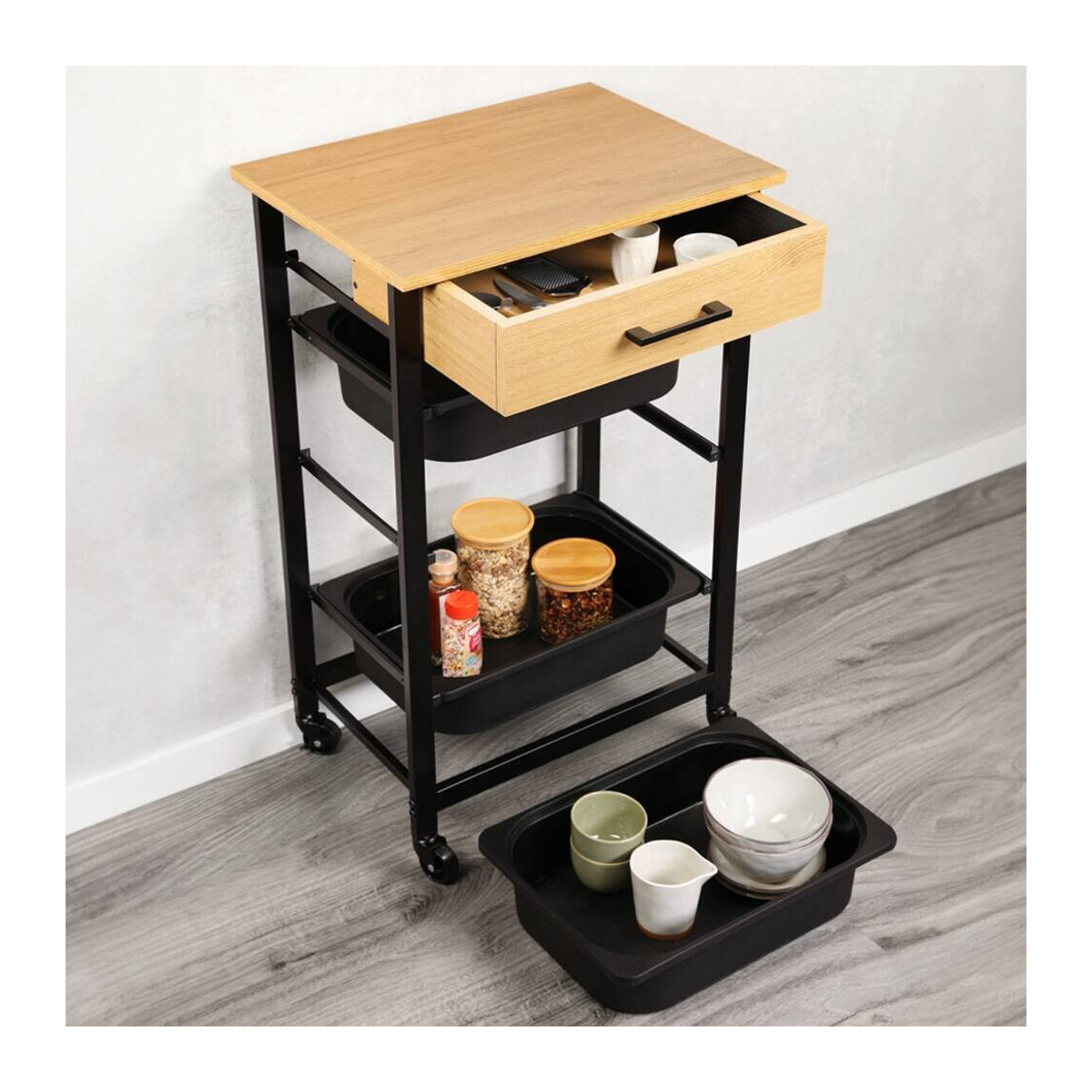 Kesper Küchenwagen im Industrial Design mit 3 Kunststoffbehältern, Farben: Braun, Schwarz oder Schwarz/Weiß, B/T/H: 81,5 x 47 x 37 cm - Bild 3
