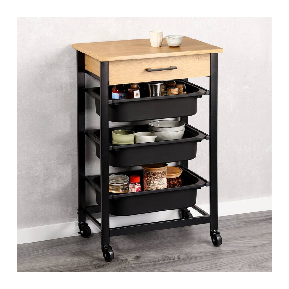 Kesper Küchenwagen im Industrial Design mit 3 Kunststoffbehältern, Farben: Braun, Schwarz oder Schwarz/Weiß, B/T/H: 81,5 x 47 x 37 cm - Bild 4