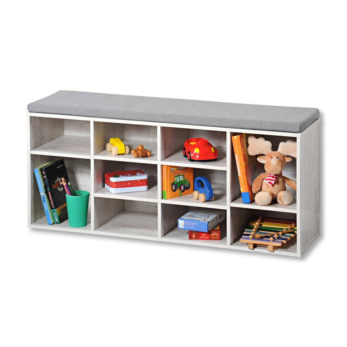 Kesper Schuhschrank mit Sitzkissen in Weiß und Grau, Modernes Design aus Holzwerkstoff und Stoff, B/H/T: 29,5 x 48 x 103,5 cm - Bild 1