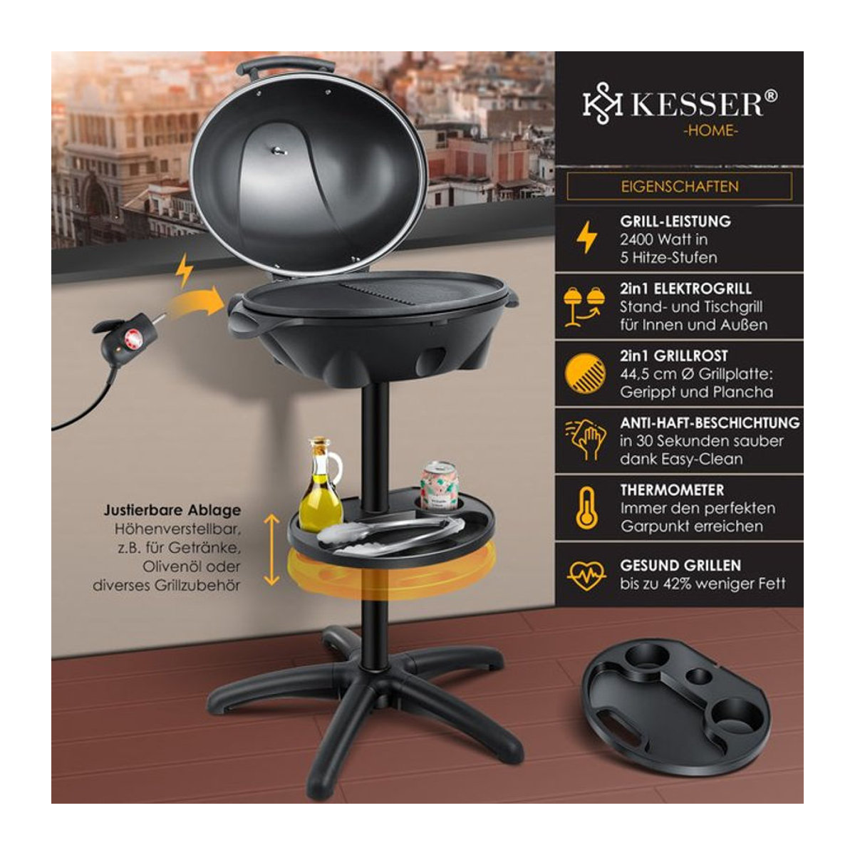 KESSER 2in1 Elektrogrill als Tisch- und Standgrill mit Deckel, 2400 Watt, XXL Grillplatte und Thermometer, Schwarz - Bild 1
