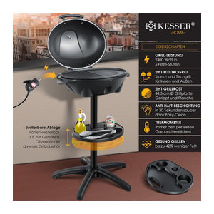 KESSER 2in1 Elektrogrill als Tisch- und Standgrill mit Deckel, 2400 Watt, XXL Grillplatte und Thermometer, Schwarz