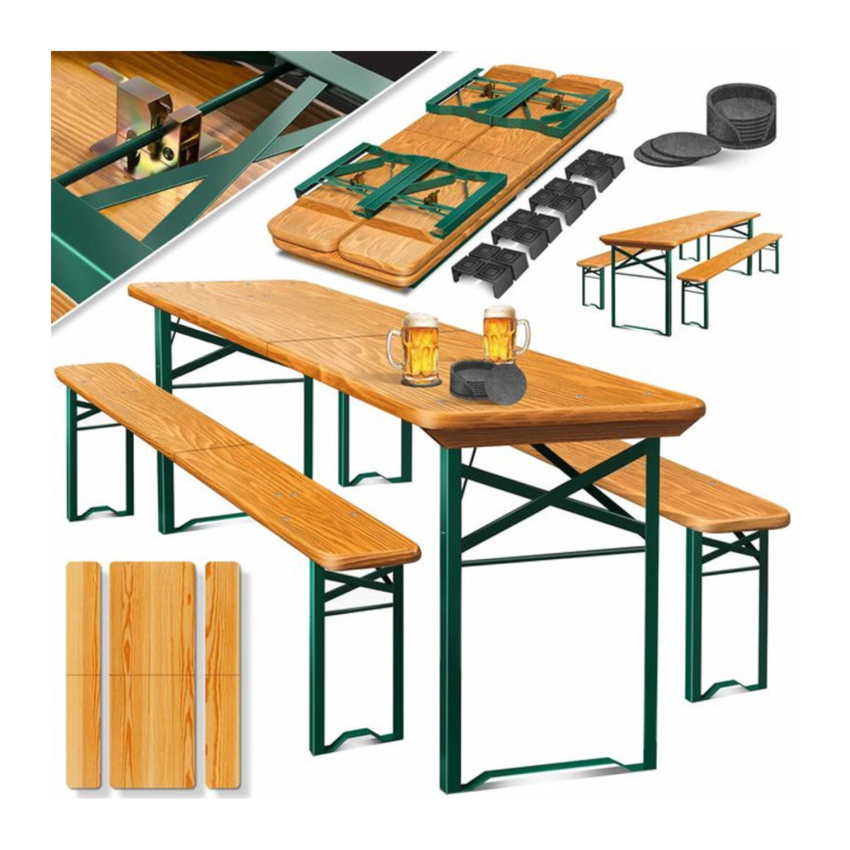 KESSER Bierzeltgarnitur 3-teiliges Gartenmöbel-Set aus Holz in Braun, klappbar, B/H/T: 170 x 75 x 46 cm mit 2 Bierbänken, 1 Biertisch und 12 Bodenschonern - Bild 1