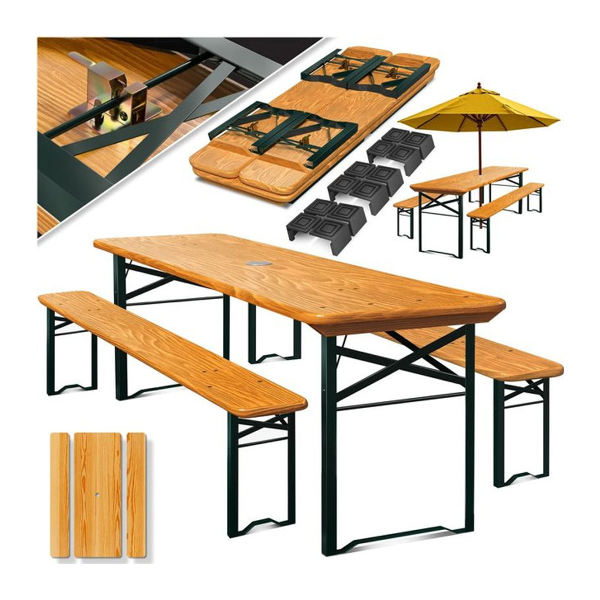 KESSER Bierzeltgarnitur 3-teiliges Gartenmöbel-Set aus Holz mit 12 Bodenschonern, klappbar, Farbe Natur, B/T/H: 170 x 46 x 75 cm - Bild 1