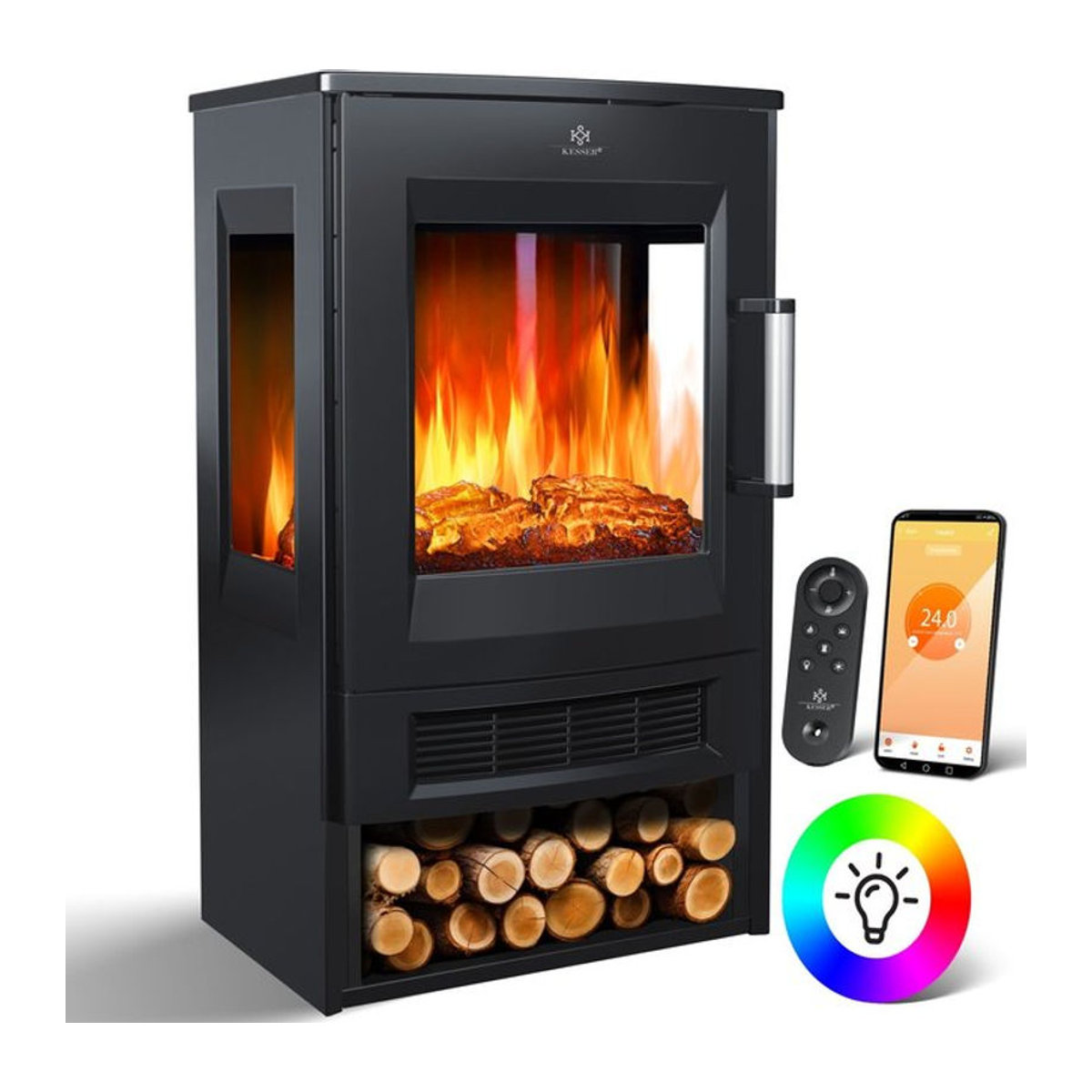 KESSER Elektrokamin mit Panorama-Sichtfenster, Heizfunktion 900/1800W, 9 LED-Flammeneffekte, WiFi App-Steuerung und Fernbedienung, Schwarz - Bild 1