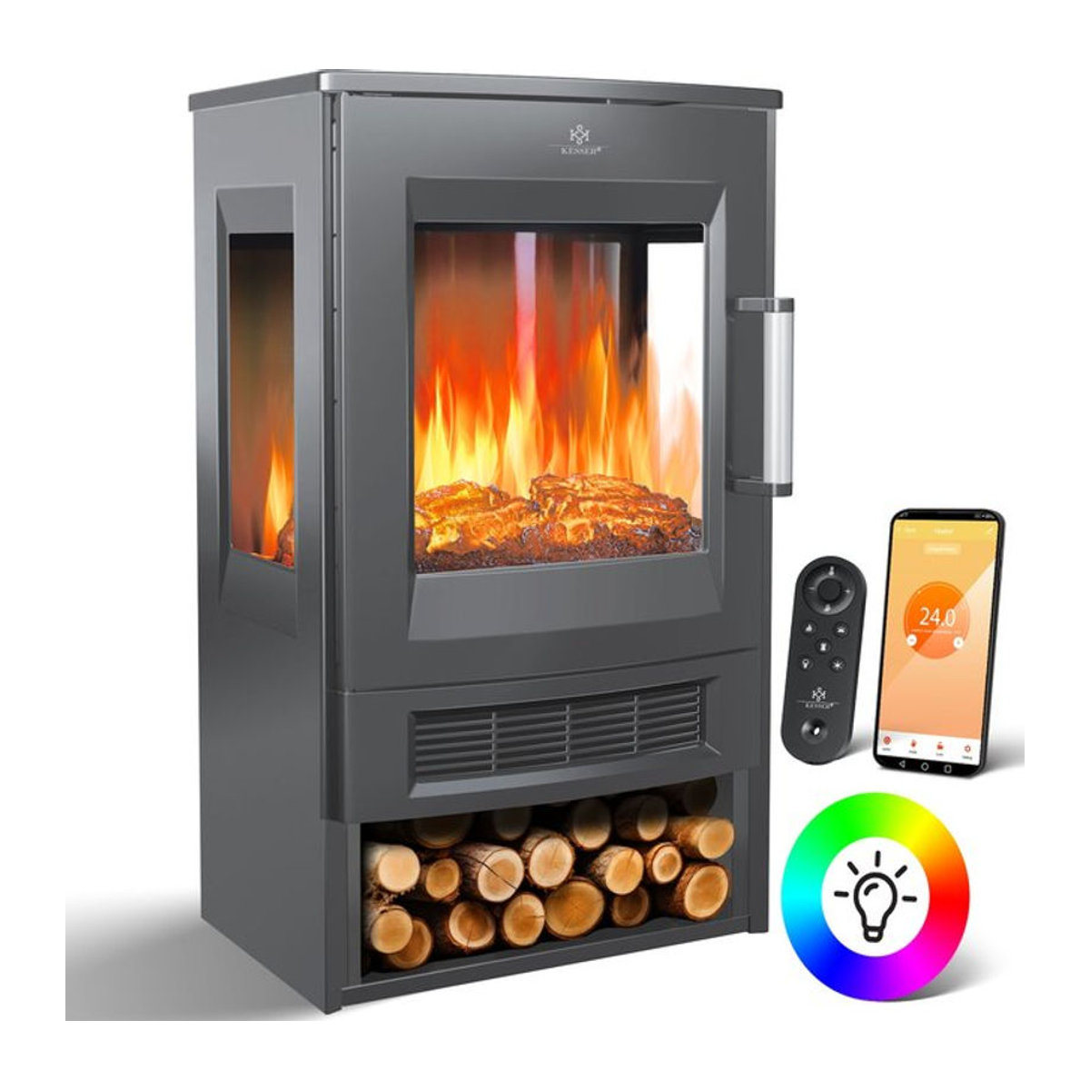 KESSER Elektrokamin mit Panorama-Sichtfenster, Heizung 900/1800W, 9 LED-Flammeneffekte, WiFi App & Fernbedienung, Anthrazit - Bild 1